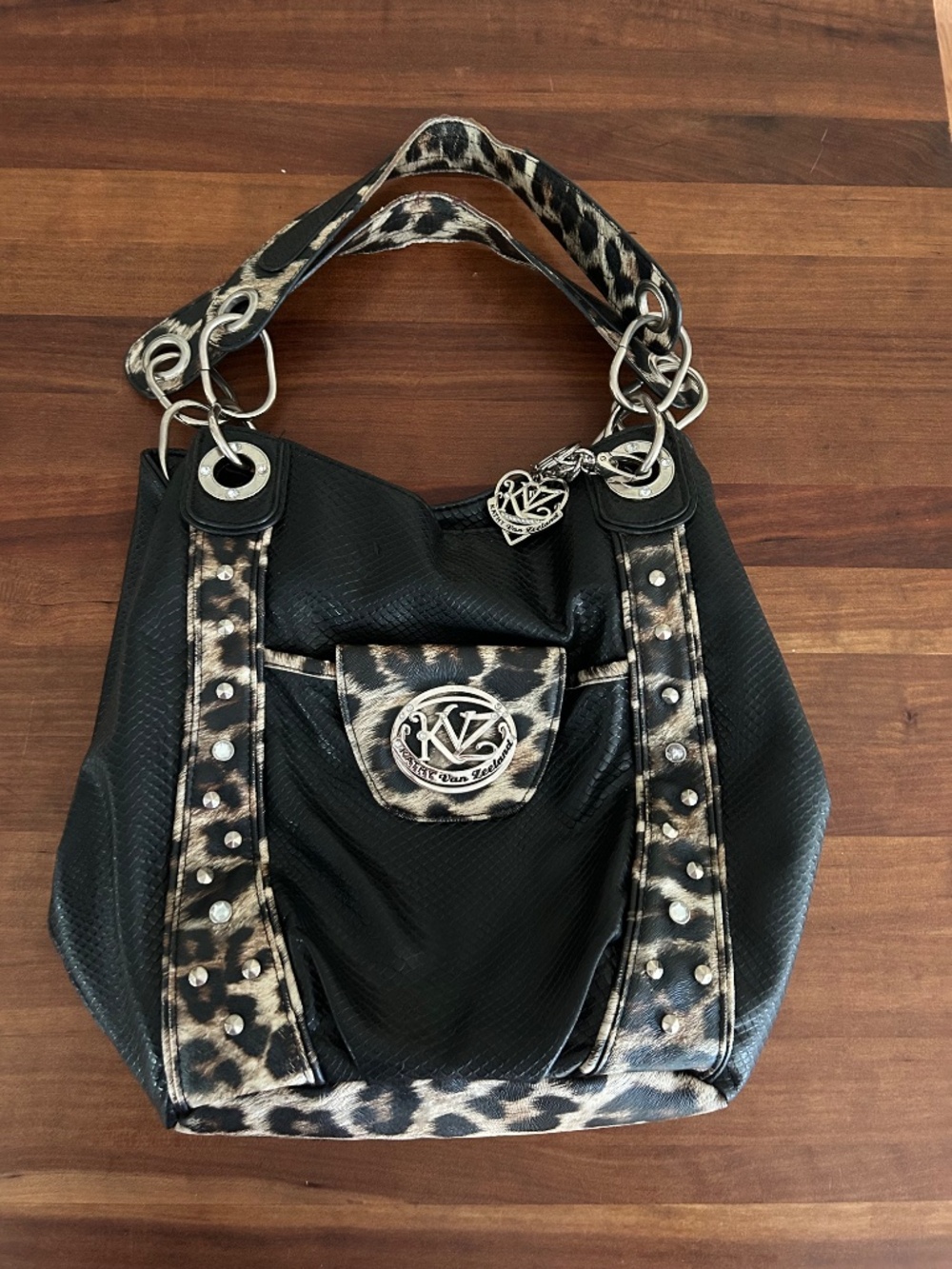 Kathy Van Zeeland Black Leopard Print Shoulder bag hobo y2k animal maximalism